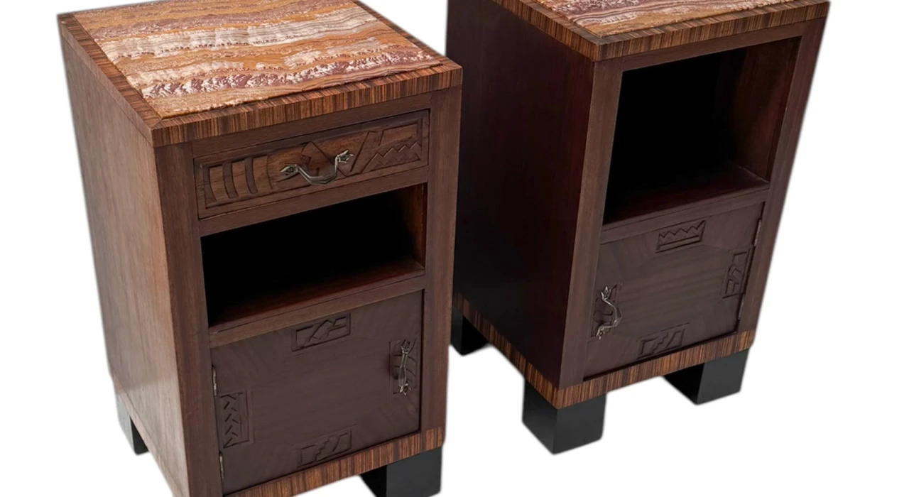 Two Art Deco Nightstands or Bedside Tables with Multi-Colored Marble Tops, 1930s